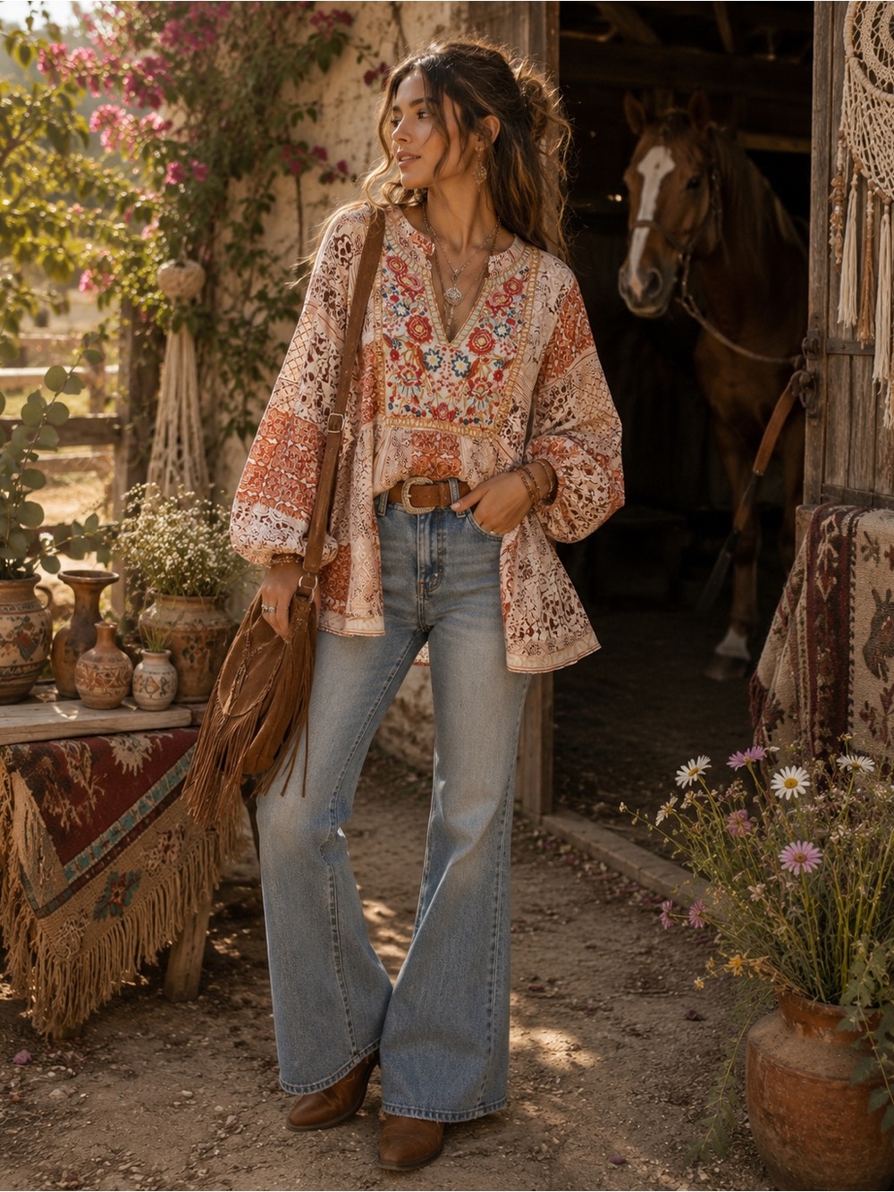 Boho Embroidered Peasant Blouse - Rust Multi
